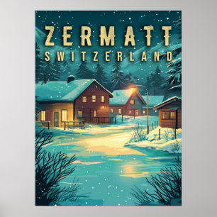 Poster Vintage Zermatt, Suisse : Alpes neigeuses à la nui