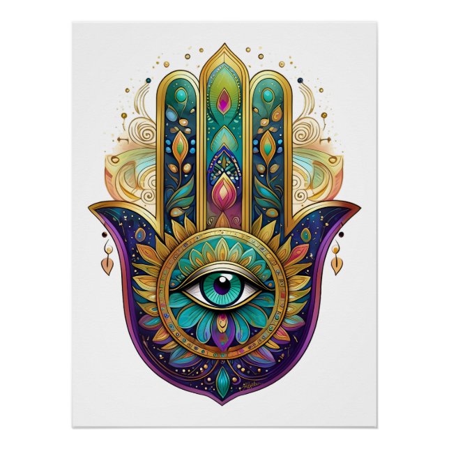 Poster Violet Green Gold Petals Hamsa Turquoise Third Eye (Devant)