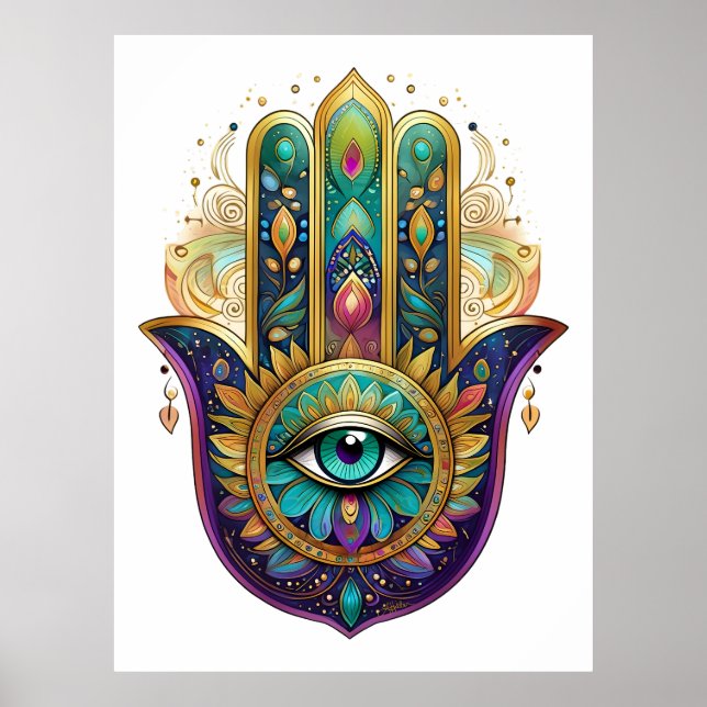 Poster Violet Green Gold Petals Hamsa Turquoise Third Eye (Devant)