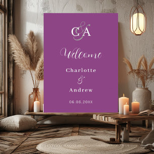Poster Violet monogramme moderne simple mariage accueil