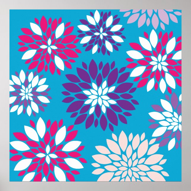 Poster Violet rose Fleur Art sur bleu Turquoise (Devant)