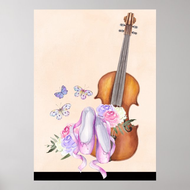 Poster Violon, Chaussures de Ballet, Fleurs et Papillons (Devant)