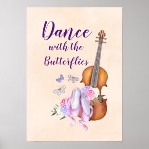 Poster Violon, Chaussures de Ballet, Fleurs et Papillons