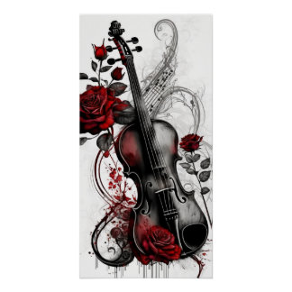 Poster Violon noir et roses rouges