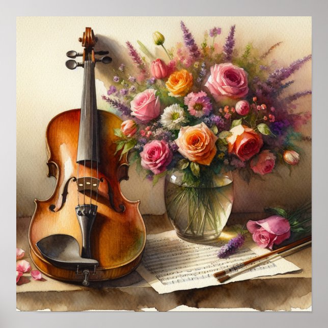 Poster Violon, Partition et un Vase de Fleurs (Devant)