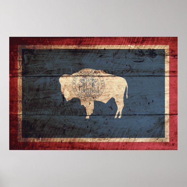 Poster Vioming State Flag on Old Wood Grain (Devant)