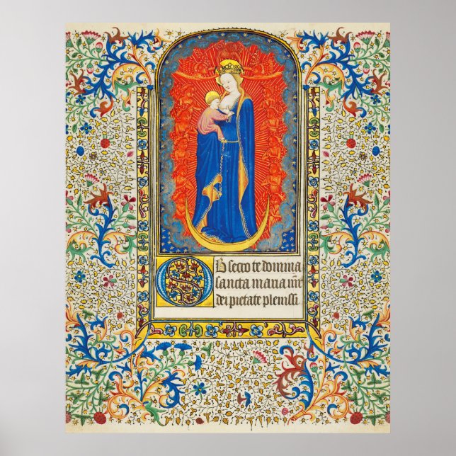 Poster VIRGIN AVEC ENFANT ET ANGELS Antique Fleurs (Devant)