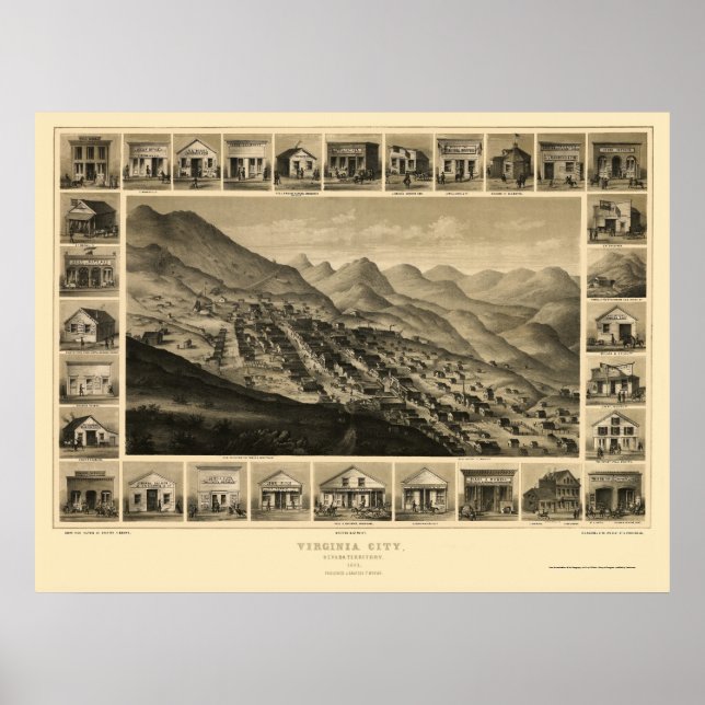 Poster Virginia City, NV Carte panoramique - 1861 (Devant)