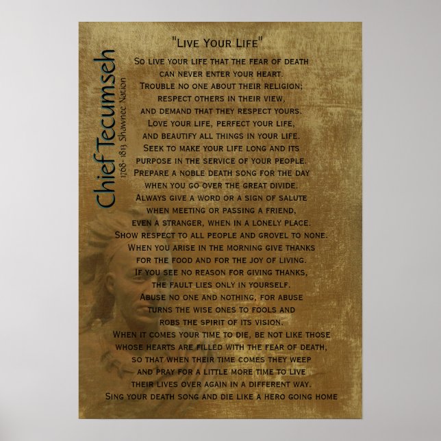 Poster "Vis ta vie" sur un vieux parchemin, chef Tecumseh (Devant)