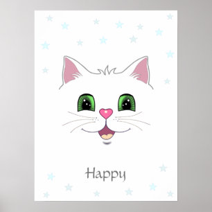 Poster Visage de chat blanc mignon et drôle et étoiles