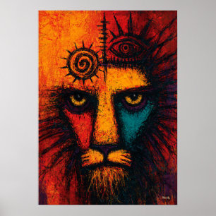 Poster Visage de Lion Mystique dans des Champs de Couleur