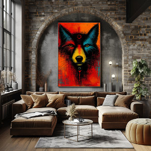 Poster Visage de Loup Mystique dans des Champs de Couleur
