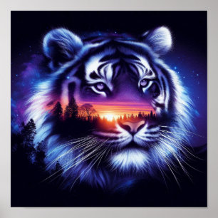 Poster Visage de tigre et paysage de coucher de soleil Pi