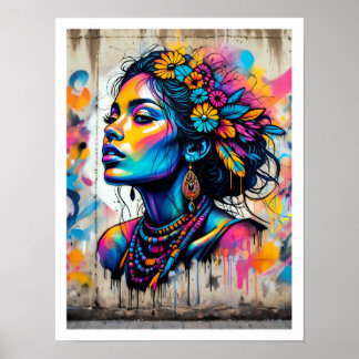 Poster Visage Flower Power d'une femme hippie 