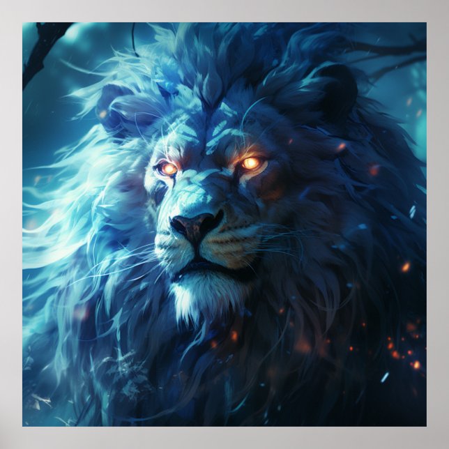 Poster Visage Lion bleu avec des yeux brillants Art (Devant)