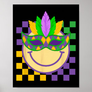 Poster Visage Souriant Groovy Mardi Gras Portant un Masqu