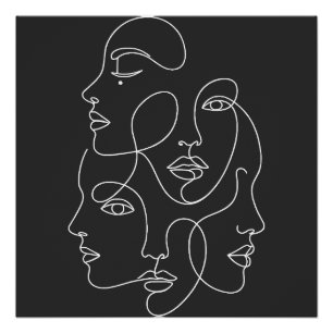 Poster Visages Abstraits en Une Seule Ligne Blanche sur F