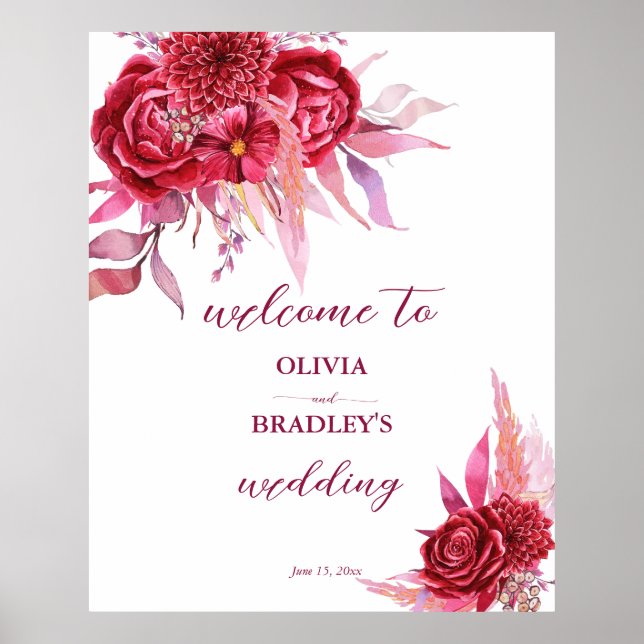 Poster Viva magenta bougogne rose fleurs signe de bienven (Devant)