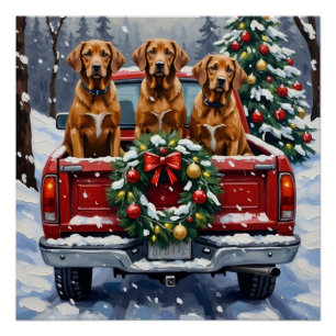 Poster Vizsla camion rouge de Noël vacances
