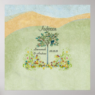 Poster Vœux de mariage d'oiseau d'amour d'arbre vintage