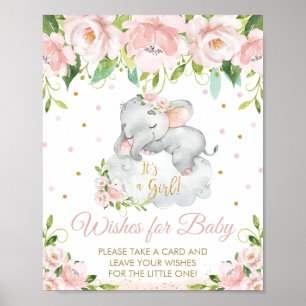Poster Voeux d'éléphant rose fleuri pour bébé