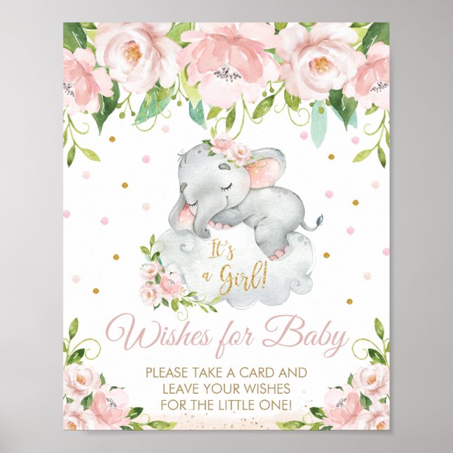 Poster Voeux d'éléphant rose fleuri pour bébé (Devant)