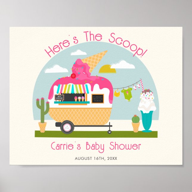 Poster Voici le Baby shower de Camper à glace rose Scoop (Devant)