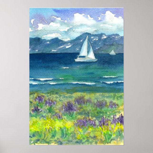 Poster Voile Mountain Lake Purple Watercolor Lupines (Devant)
