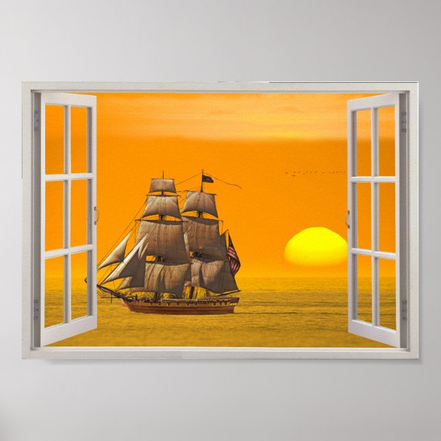 Poster Voiles de frégate américaines à la fausse fenêtre  (Devant)