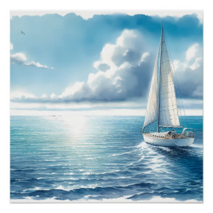 Poster Voilier Solitaire à l'Horizon Bleu