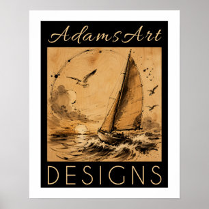 Poster Voilier Vintage au Coucher de Soleil Lavis Texture