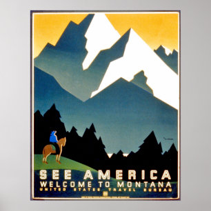 Poster Voir l'Amérique, bienvenue Montana montagnes, vint