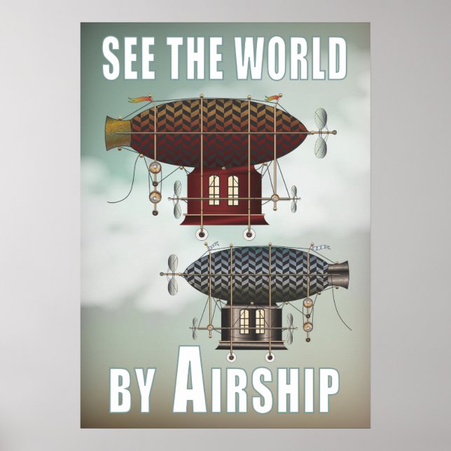 Poster Voir le World Airship Noir Rouge Steampunk Travel (Devant)