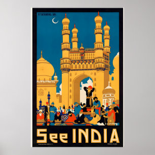 Poster Voir l'Inde Hyderabad Charminar Voyage Vintage