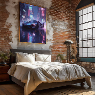 Poster Voiture Chrome Sport en Cyberpunk Neon City la nui