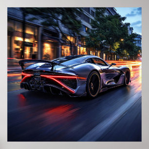 Poster Voiture de sport noire élégante nuit ville moderne