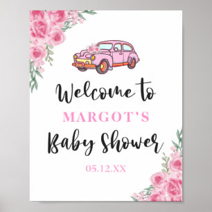 Poster Voiture Florale Rose Par Baby shower Rose Bienvenu