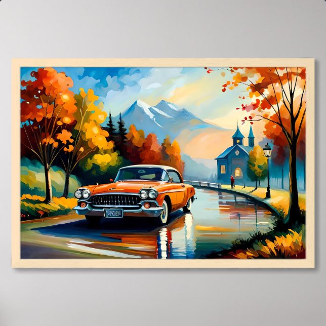 Poster voiture peinture classique déplacement route de ca (car painting classic moving country road sunny day)