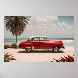 Poster Voiture rétro Vintage sur la plage Art