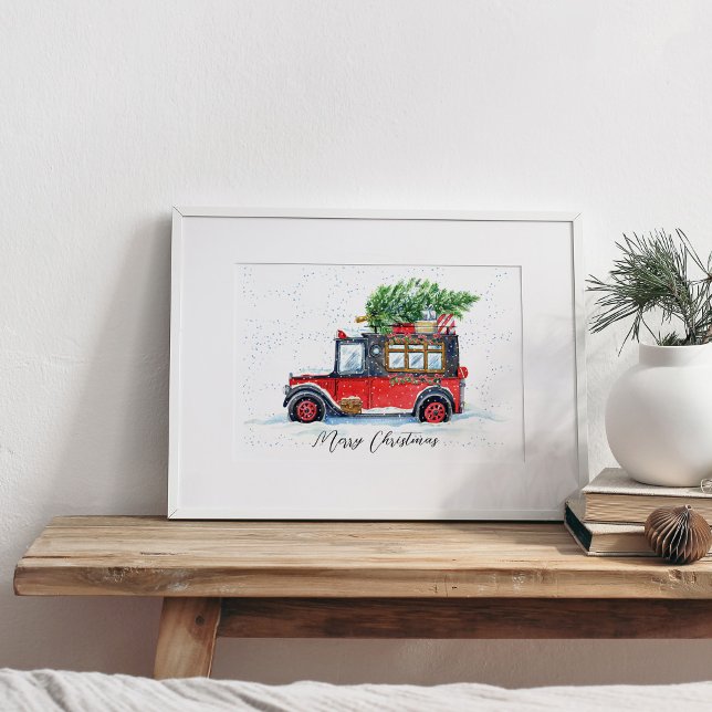 Poster Voiture rouge avec arbres de Noël en neige (Créateur téléchargé)