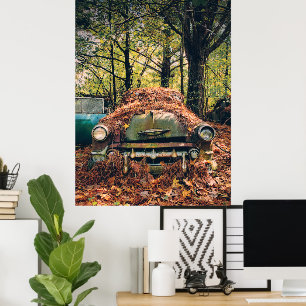 Poster Voiture Rustique vintage en automne Feuilles Poste