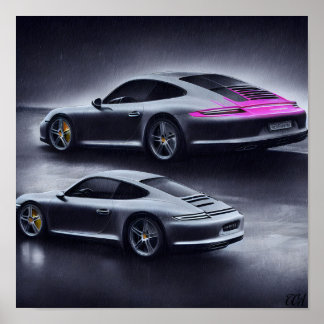 Poster Voiture Silver Porsche sur une nuit pluvieuse