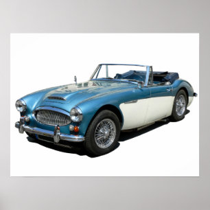 Poster Voiture sport Austin Healey 3000 bleu et blanc