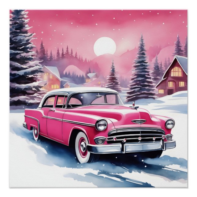 Poster Voiture Vintage Rétro Rose (Devant)