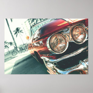 Poster voiture vintage rouge sur la plage du sud