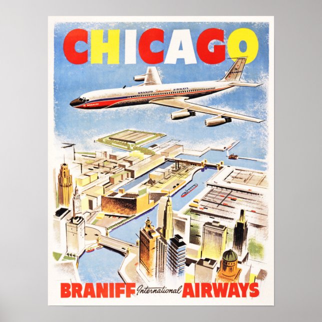Poster Vol CHICAGO ILLINOIS USA Retro Airlines Travel (Devant)