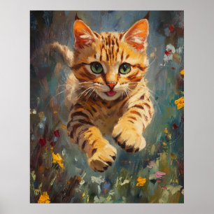 Poster Vol de félin dans une forêt de feu - Bengal sauteu