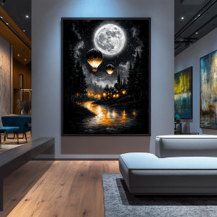 Poster Vol Lune Enchantée - Ballon à air chaud Vintage