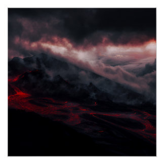 Poster Volcanic Eruption Lava Rivers Night Landscape