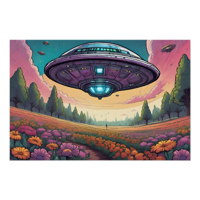 Poster Voler des OVNI au-dessus d'un paysage de champs de (Devant)